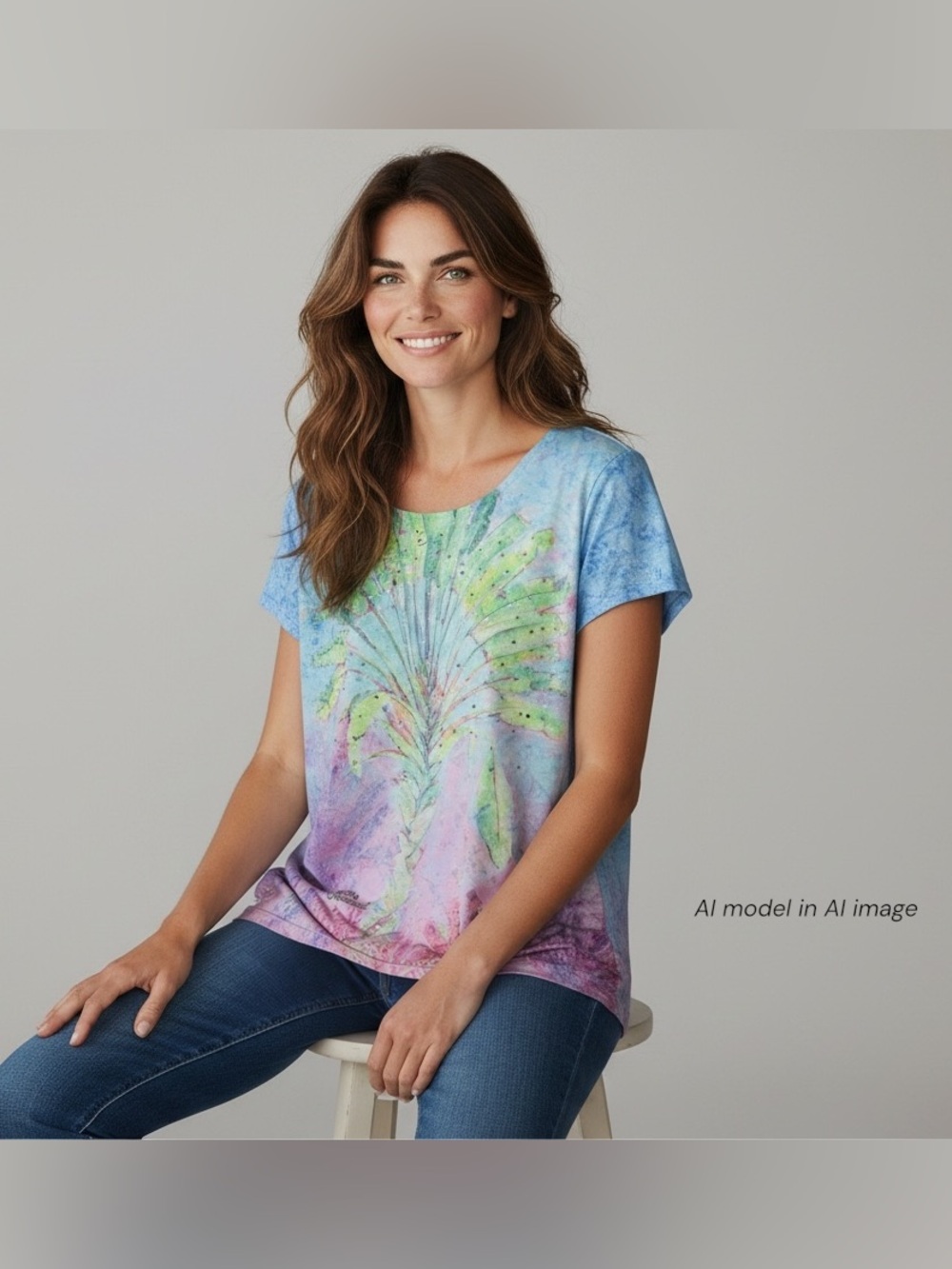 Leoma Lovegrove Shirt Womens Medium Blue Palm Rhinestone Sparkle Art To WearTop